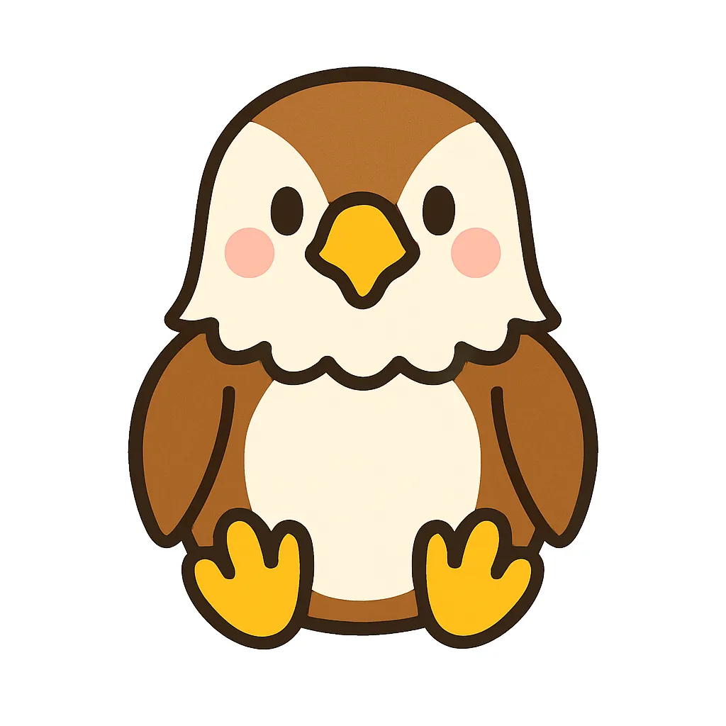 かわいい鷹のおすわりイラスト｜立派なくちばしとシャープな顔立ちをした鷹が、ふんわりとやわらかくおすわりしています。空を飛ぶ動物の掲示や自然の学びにぴったりな素材です。