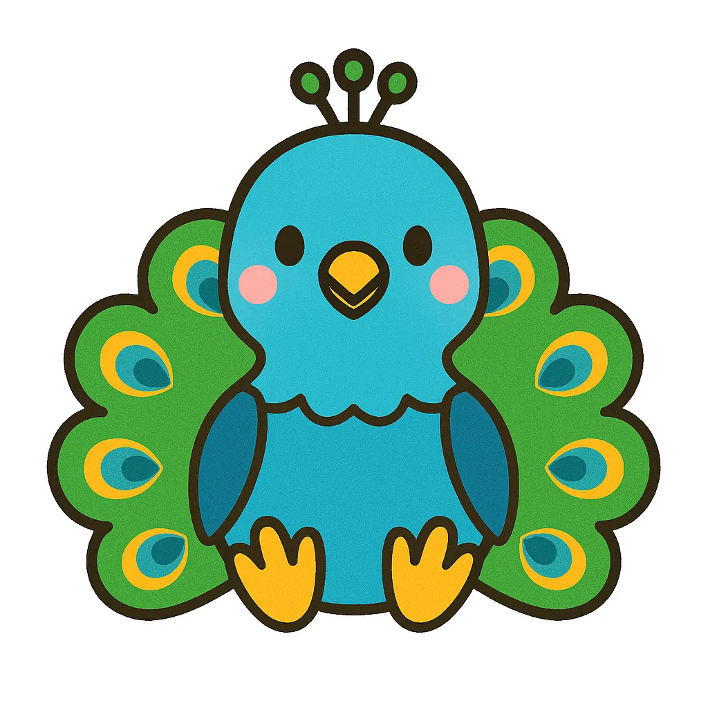 かわいい孔雀のおすわりイラスト｜色鮮やかな尾羽が印象的な孔雀が、コンパクトにおすわりした姿でにっこり微笑んでいます。華やかな動物として、行事や飾りに映える保育素材です。