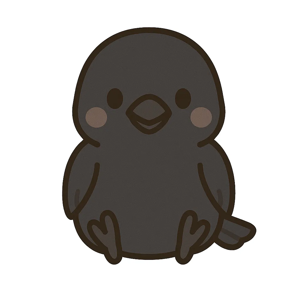 かわいいカラスのおすわりイラスト｜黒い羽とつぶらな目が特徴のカラスが、親しみやすい雰囲気でちょこんとおすわりしています。自然や身近な動物の話題に使える保育イラストです。
