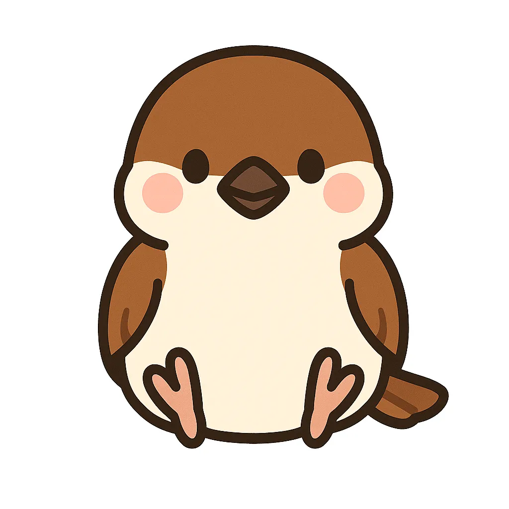 かわいいスズメのおすわりイラスト｜小さな羽と丸いシルエットが愛らしいスズメが、にっこり笑顔でおすわりしています。春や身近な動物の掲示に使えるあたたかい素材です。