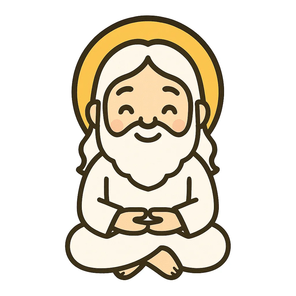 かわいい神様のおすわりイラスト｜白い装束と光る後光をまとった神様が、親しみやすい笑顔でおすわりしています。日本の行事や道徳の掲示に使いやすい保育素材です。