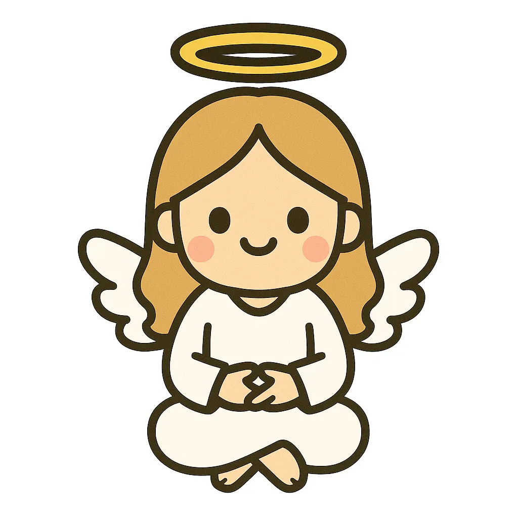かわいい女神のおすわりイラスト｜やさしい表情と金色の髪飾りをつけた女神が、上品におすわりしています。季節の壁面や空想テーマの保育飾りにぴったりなキャラクターです。