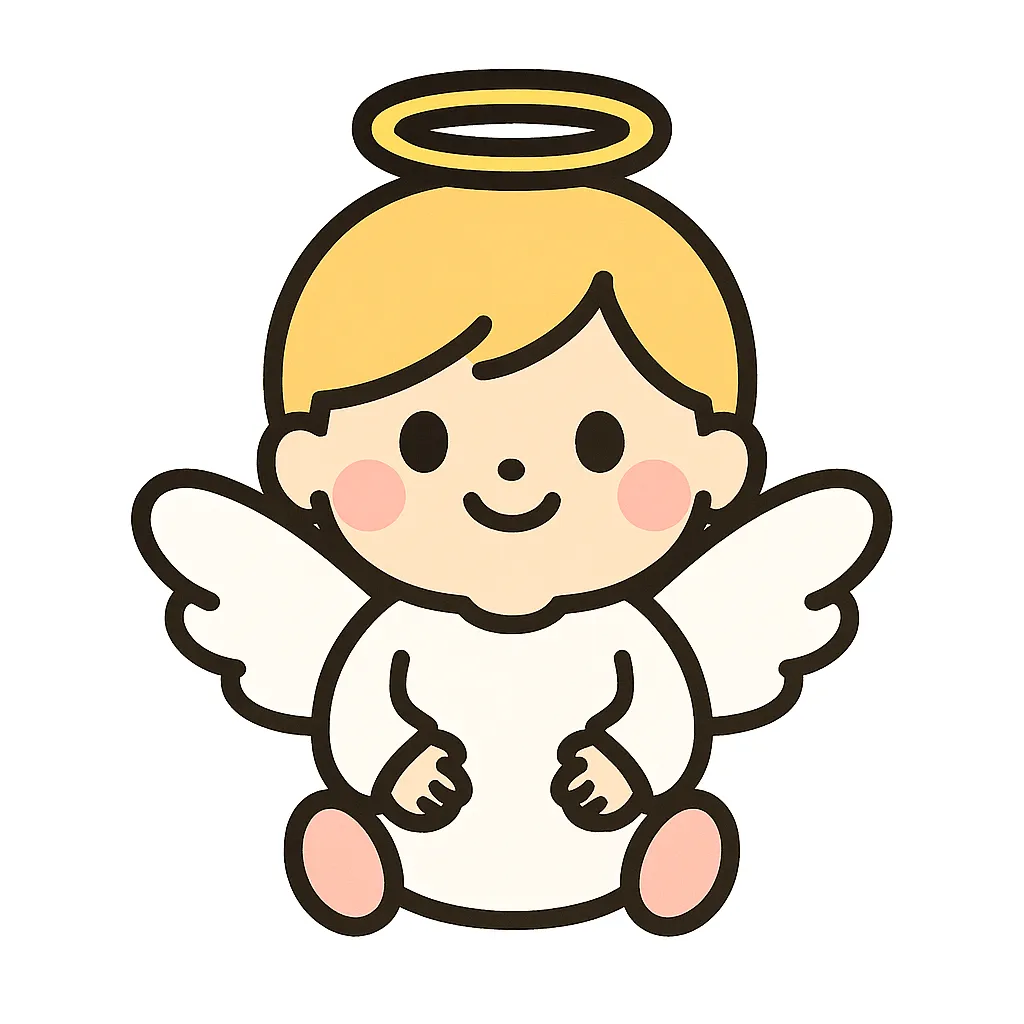かわいい天使のおすわりイラスト｜白い羽とまるい天使の輪をもった天使が、やさしい笑顔でおすわりしています。保育の壁面飾りや行事の演出にぴったりな、清らかで親しみやすいデザインです。