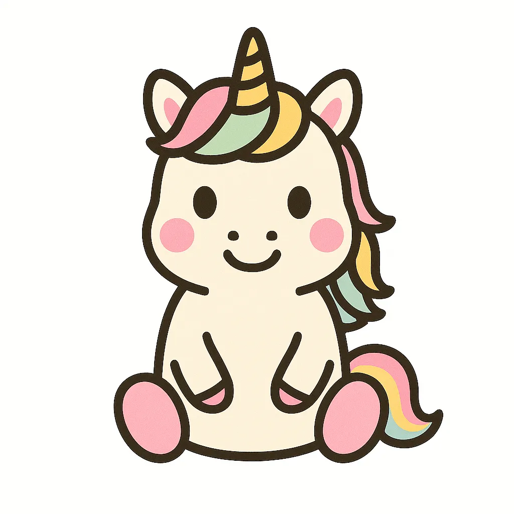 かわいいユニコーンのおすわりイラスト｜額の小さな角とパステルカラーのたてがみが魅力のユニコーンが、にっこりとおすわりしています。夢のある世界観を演出できる、保育の飾りに最適なイラストです。