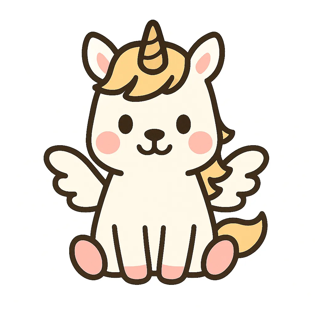 かわいいペガサスのおすわりイラスト｜羽のついた小さな体でおすわりしているペガサスが、ふんわりとしたたてがみと笑顔で描かれています。空想の動物として夢のある保育装飾にぴったりの素材です。