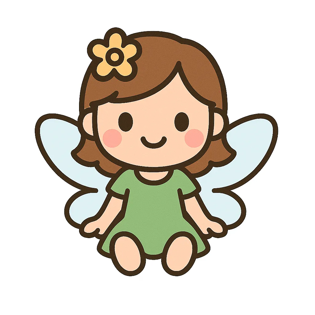 かわいい妖精のおすわりイラスト｜透明感のある羽と丸いお顔が愛らしい妖精が、ちょこんとおすわりしています。季節の掲示やファンタジーごっこ遊びの素材として活用できます。