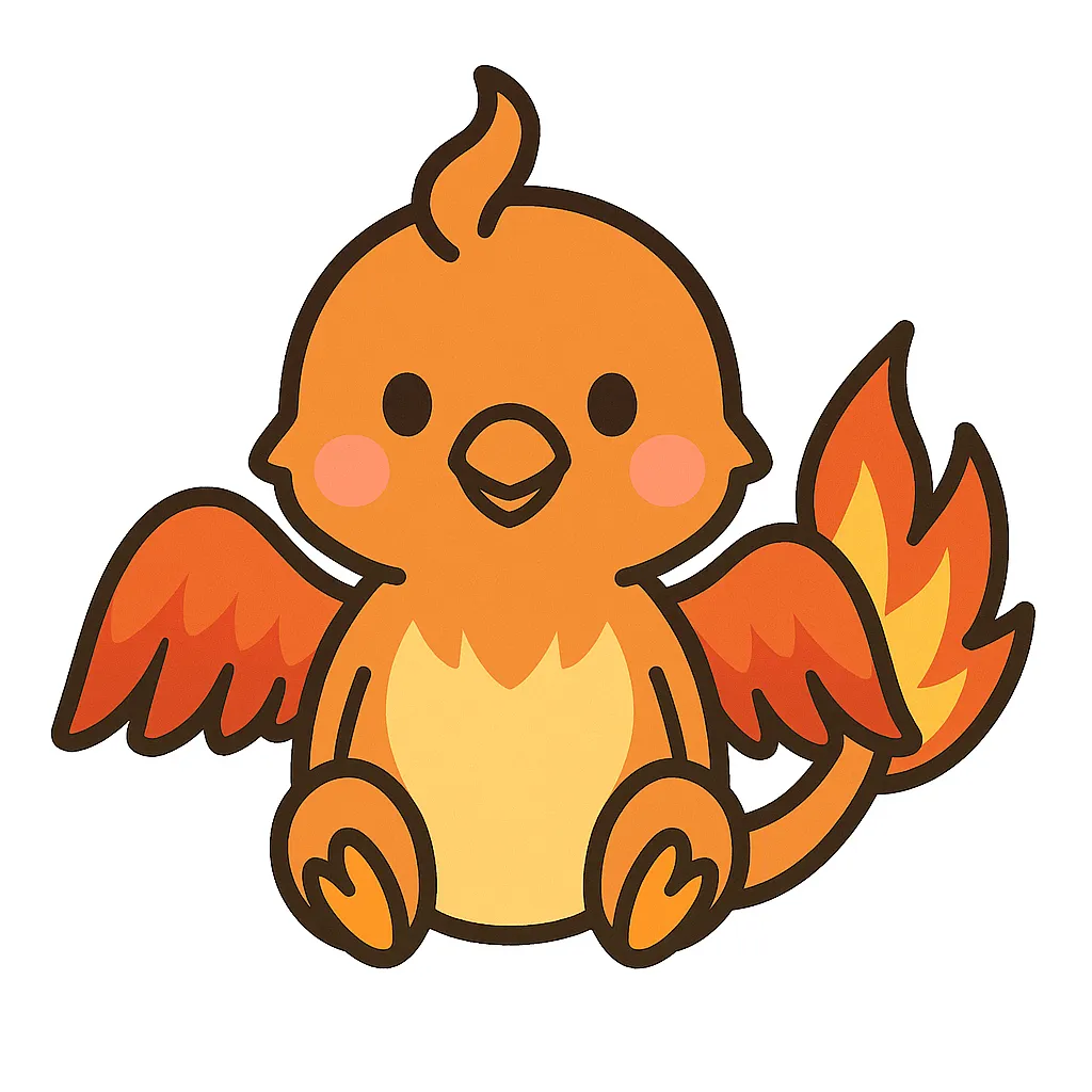 かわいいフェニックスのおすわりイラスト｜炎の羽をもつ伝説の鳥フェニックスが、あたたかい色合いでにっこりとおすわりしています。神話や伝説のテーマにぴったりの保育用素材です。