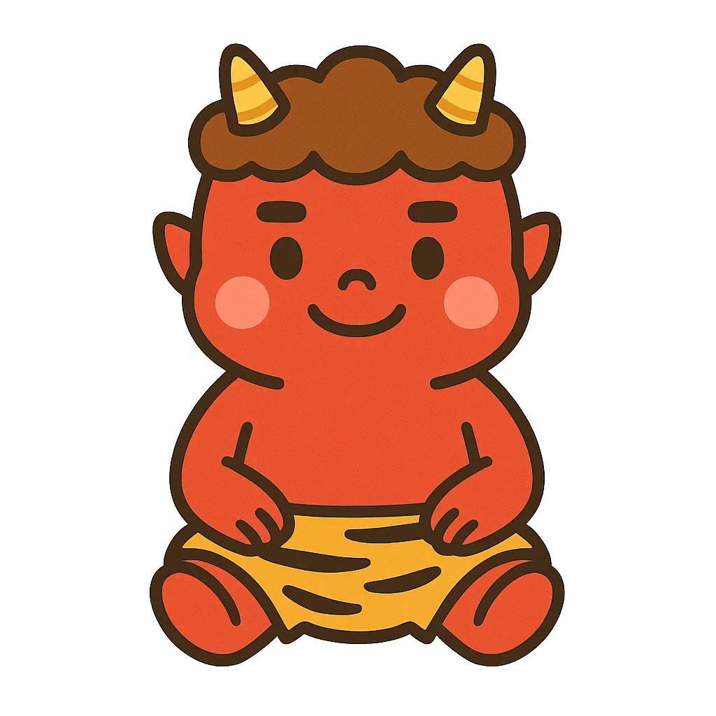 かわいい赤鬼のおすわりイラスト｜小さなツノと虎柄パンツが特徴の赤鬼が、にっこり笑顔でおすわりしています。節分や日本の伝承遊びの素材として親しみやすく使えます。