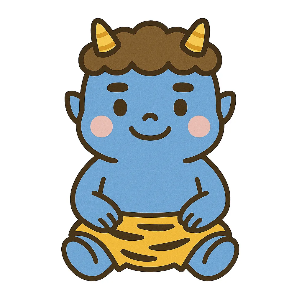 かわいい青鬼のおすわりイラスト｜すこしおとぼけ顔の青鬼が、角と虎柄パンツを身につけたやさしい表情でおすわりしています。保育での行事飾りや鬼ごっこ遊びの挿絵にぴったりです。