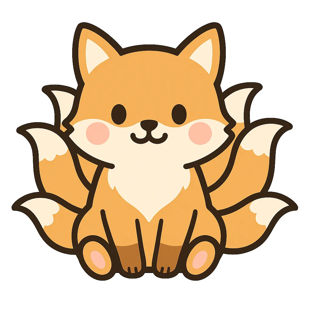 かわいい九尾のおすわりイラスト｜ふさふさした九本のしっぽをもつ九尾のきつねが、にっこりと穏やかにおすわりしています。和の伝説や神話モチーフの保育装飾にぴったりの素材です。