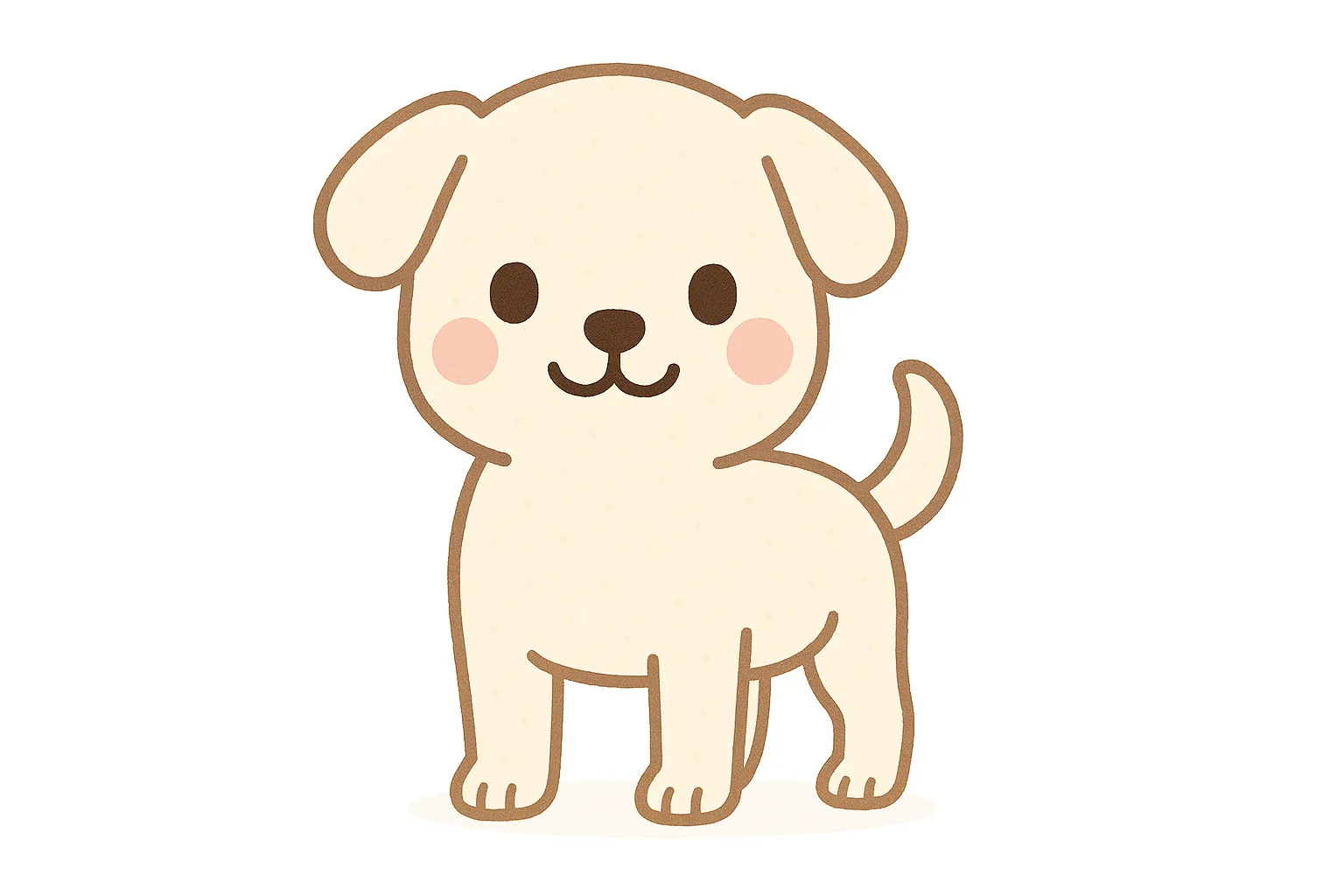 保育かわいい全身の子犬｜にっこり顔とふっくらしたシルエットが魅力の、保育イラスト風・全身子犬モチーフ。白背景と明るい色使いで、優しさと清潔感を演出。横長構図でバランスよく配置された愛らしいスタイルです。