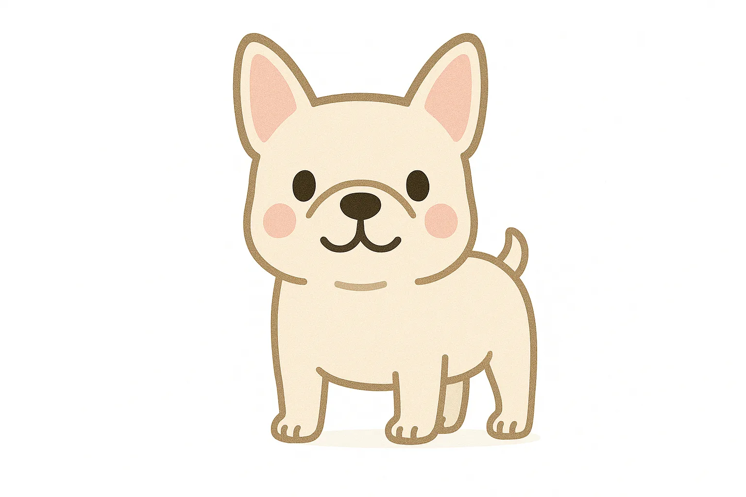 保育かわいい全身のフレンチブルドッグ｜大きな立ち耳とぺちゃんこ顔が特徴のフレンチブルドッグ。保育タッチで全身を丸くまとめ、にっこり表情で安心感のある仕上がりに。白照明・白背景で明るく爽やかな印象を保ちます。