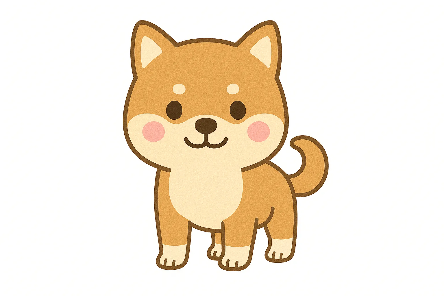保育かわいい全身の柴犬｜ころんとしたフォルムと素朴な微笑みが特徴の、全身柴犬イラスト。茶系の配色と白背景で、親しみやすさとかわいらしさを両立。保育シーンにもぴったりな横長構図でまとめています。