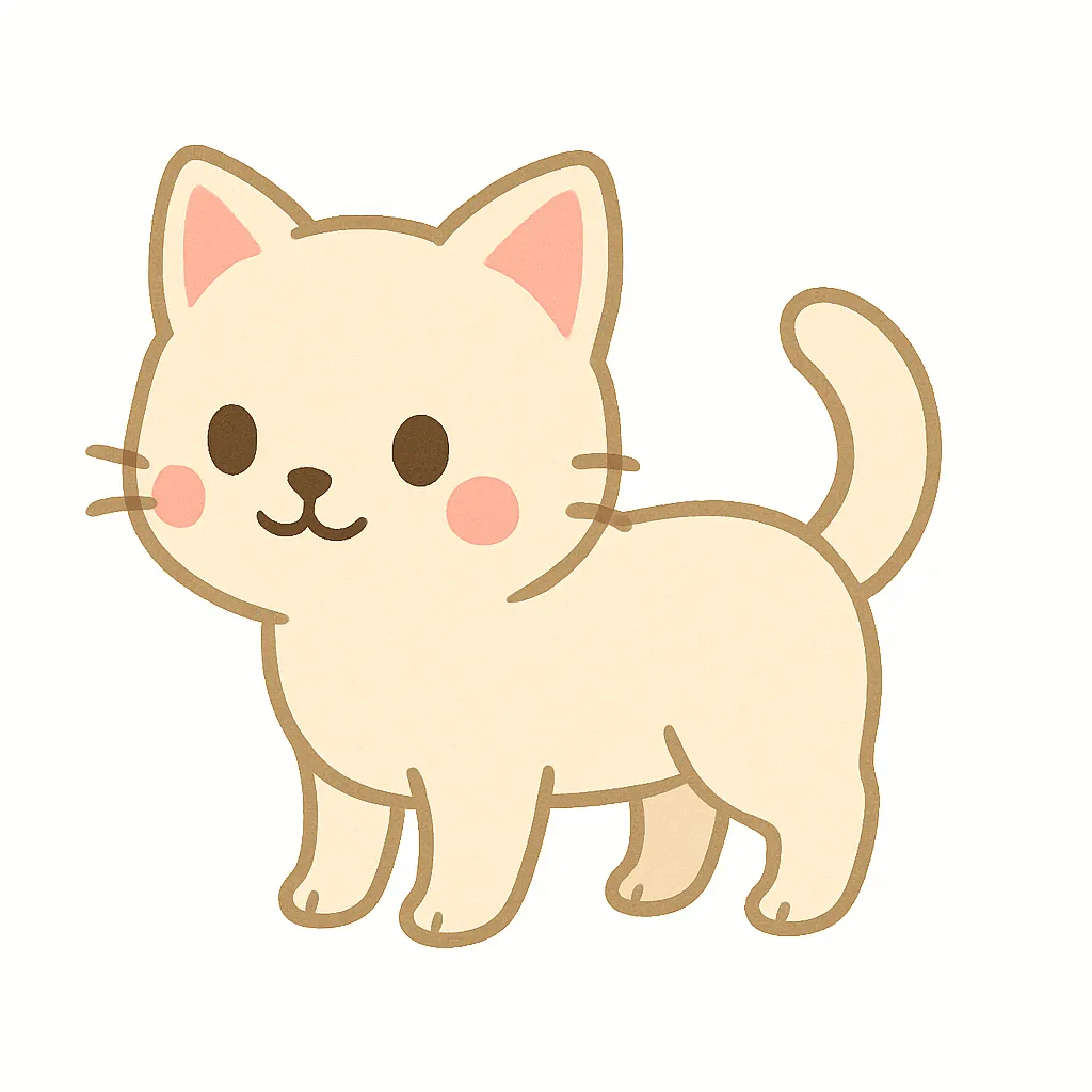 保育かわいい全身の子猫｜小さな体とふんわりした毛並みが可愛い子猫を、保育風スタイルで横向きに描写。丸いしっぽと優しい表情が魅力で、白背景と白色照明によって清潔で安心感あるビジュアルに仕上げています。