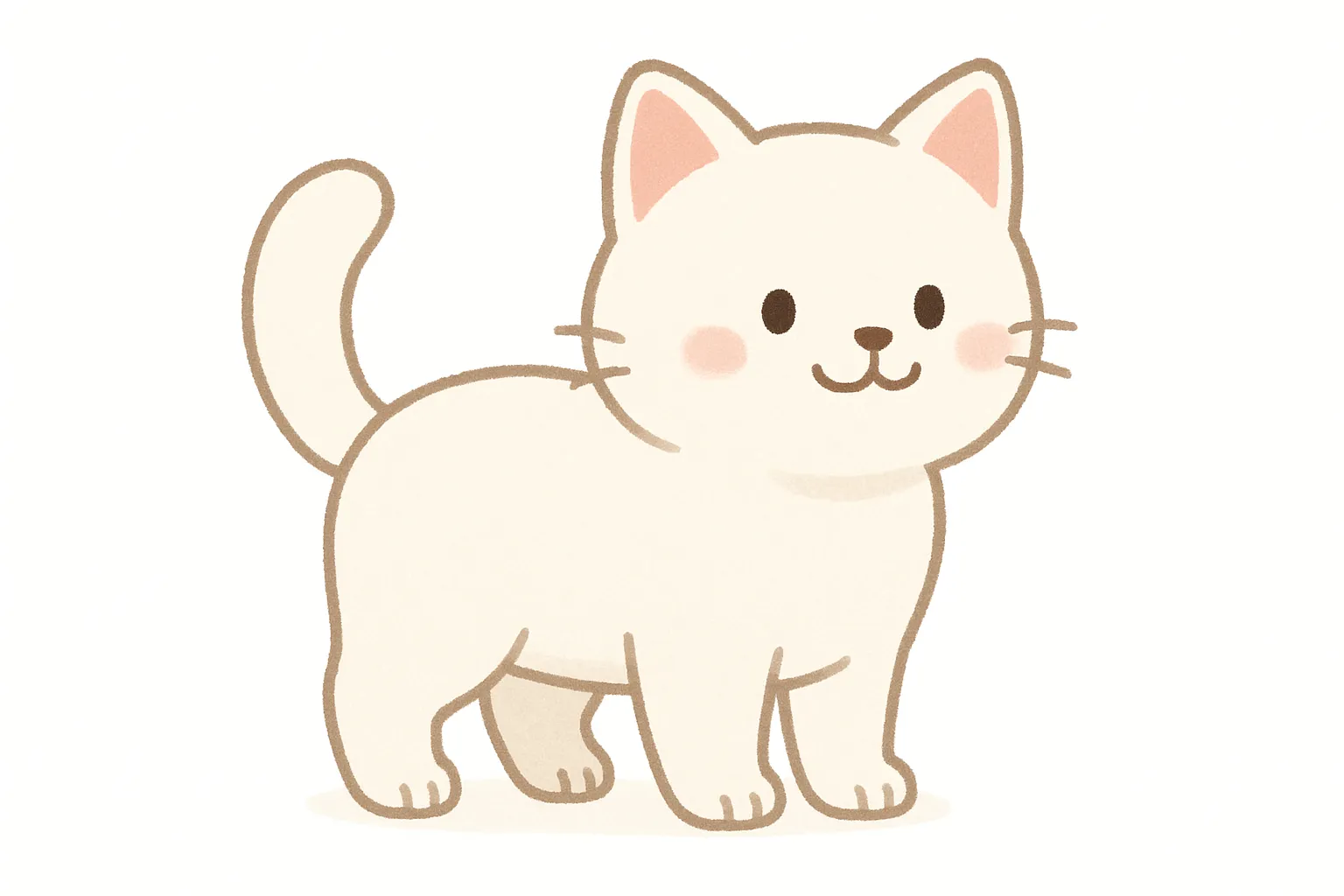 保育かわいい全身の白猫｜ふっくらとしたフォルムが愛らしい白猫の全身イラストです。真っ白な毛並みとやさしいにっこり顔が、保育教材にもぴったりの清潔感ある仕上がり。横向きの自然な立ち姿で、柔らかな表情とバランスの取れたポーズが特徴です。