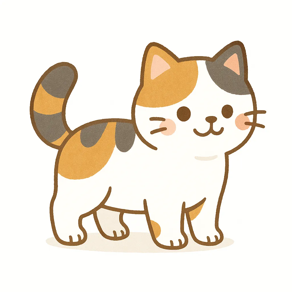 保育かわいい全身の三毛猫｜カラフルな毛色が魅力的な三毛猫の全身イラスト。白地にオレンジと黒の模様がランダムに入った元気な印象で、にっこりとした優しい表情とふっくらとした姿が保育現場にも親しみやすく、自然な横向き立ちポーズで構成しています。