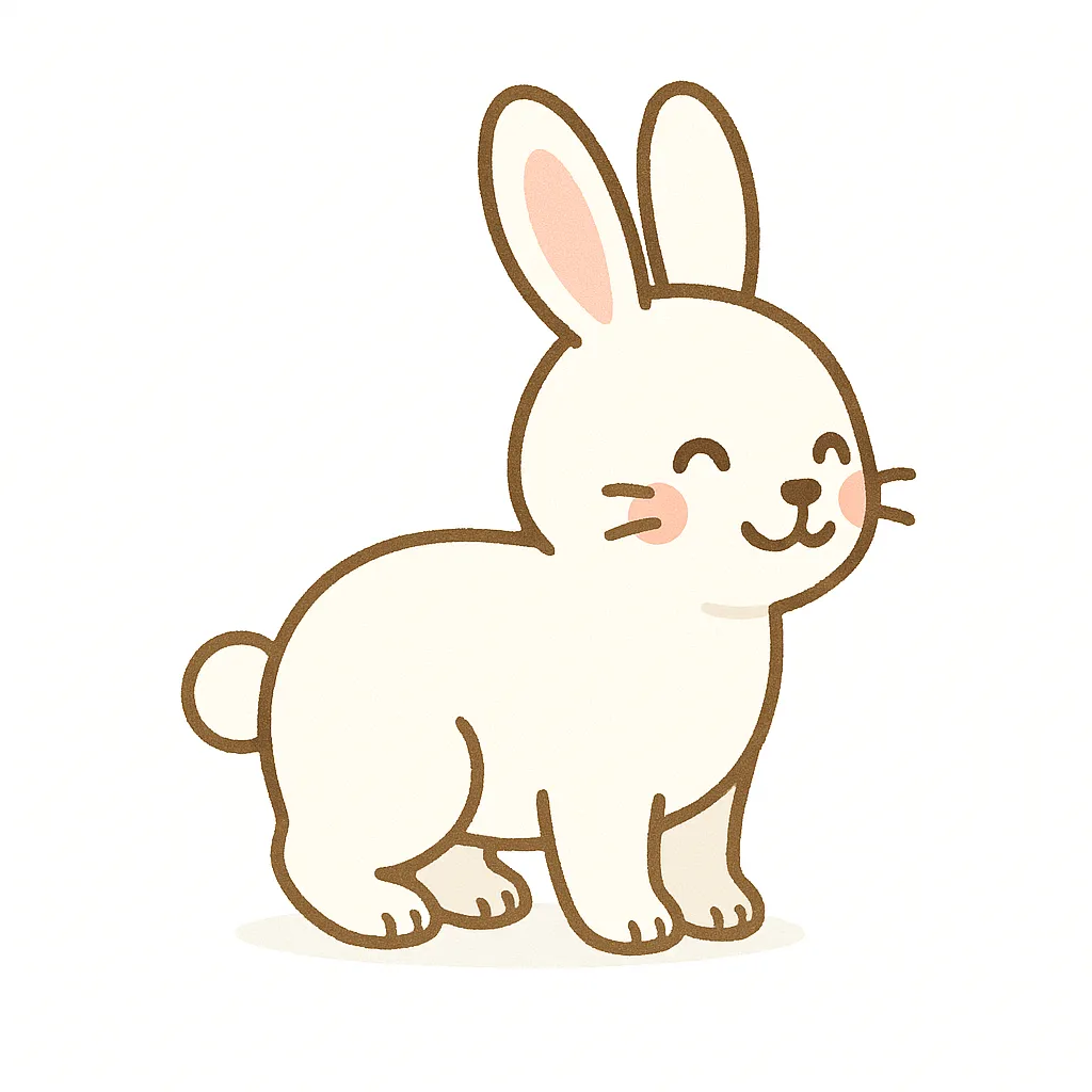 保育かわいい全身のうさぎ｜長い耳とまるいしっぽが特徴のうさぎの全身イラストです。やわらかなフォルムとにっこり顔が保育向けにぴったりで、自然な横向き立ちポーズで構成。清潔感のある白背景で、教材にもそのまま使えるデザインです。