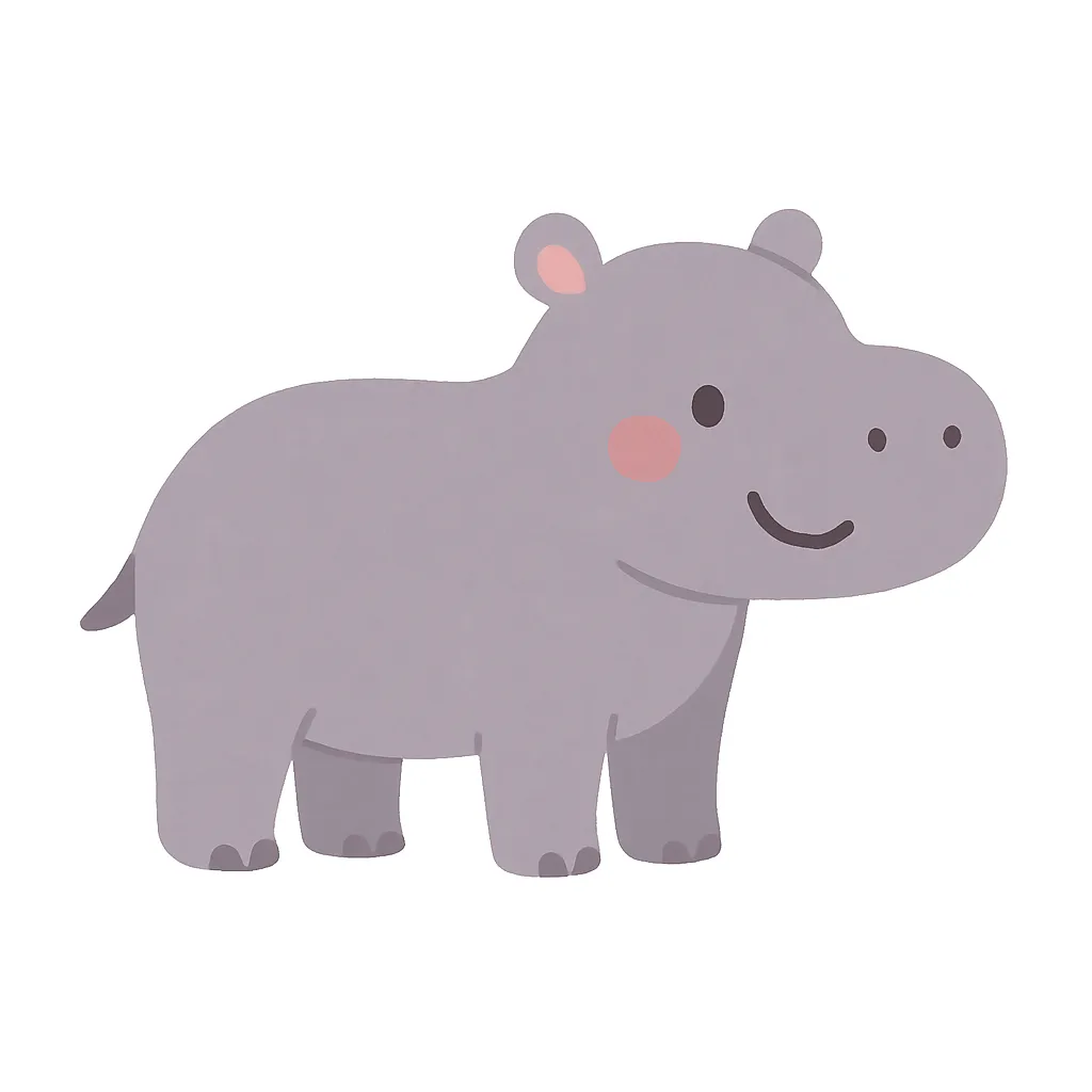 保育かわいい全身のカバ｜ずんぐりとした丸みのある体が特徴的なカバの全身イラストです。やさしいグレーとにっこり顔が親しみやすく、保育教材にもぴったり。横向きの立ちポーズと白背景で、清潔感あるかわいい仕上がりになっています。