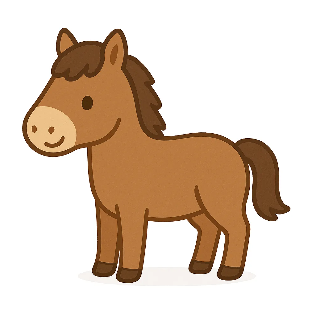 保育かわいい全身の馬｜しなやかな体とやさしい表情が印象的な馬の全身イラストです。ふんわりとした立ち姿と自然な毛色が保育向けの温かさを演出。横向きのポーズと完全白背景で、清潔感ある教材素材に仕上げています。