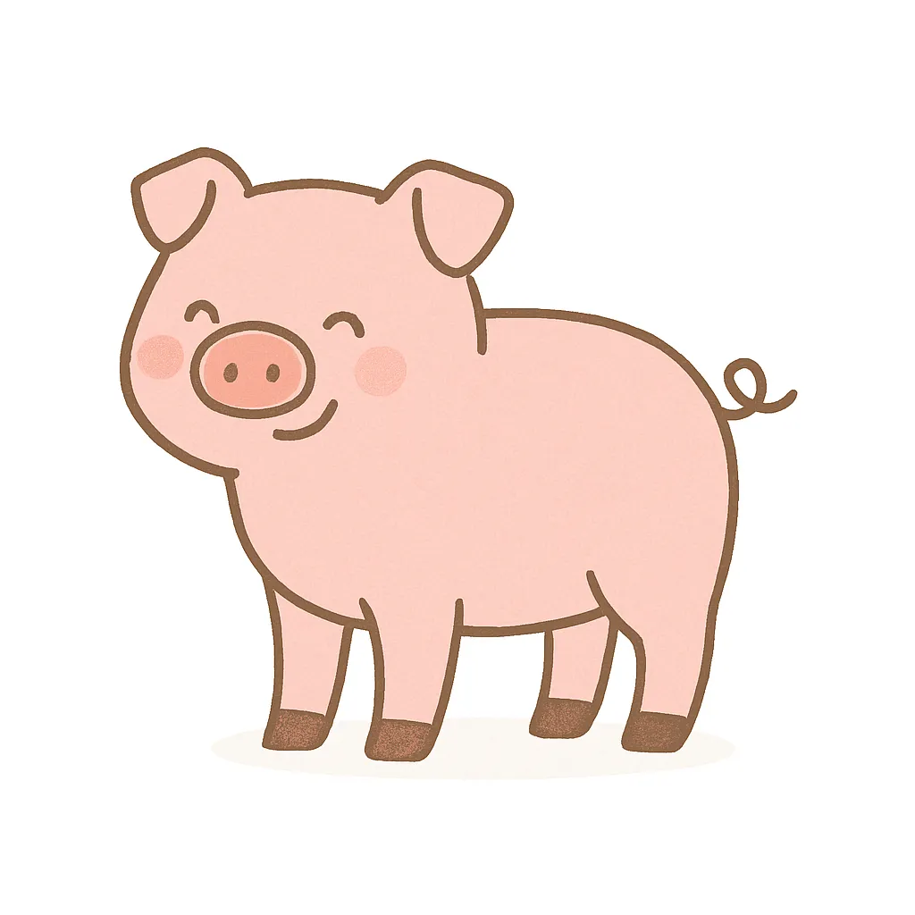 保育かわいい全身のぶた｜丸い鼻とピンク色のやわらかい体が特徴的なぶたの全身イラストです。にっこりとした表情とふっくらしたフォルムで、保育の場でも親しみやすいデザイン。白背景と横向きの立ちポーズで清潔感のある仕上がりです。