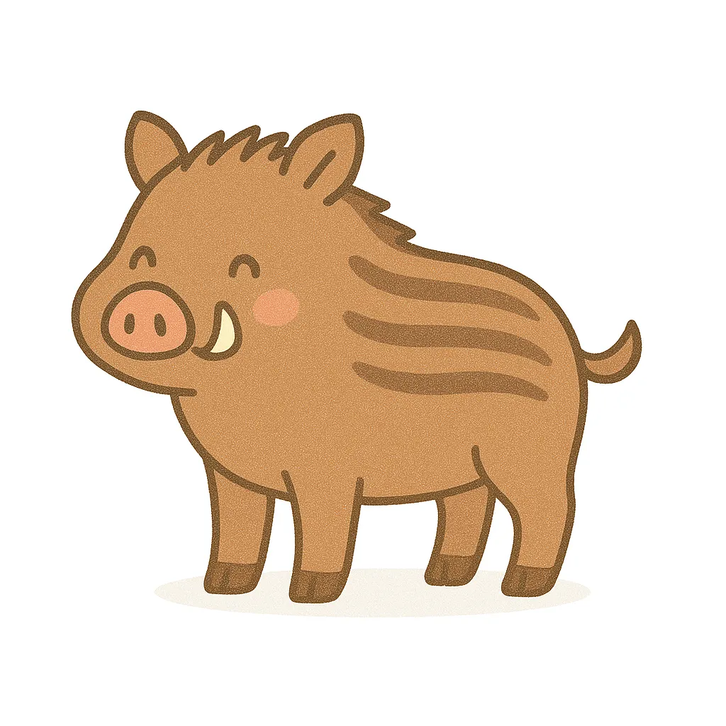 保育かわいい全身の猪｜しま模様の背中と丸い体が印象的ないのししの全身イラストです。やさしい茶色とにっこり顔で保育向けにデフォルメされ、横向きの立ち姿と白背景で安心感のあるビジュアルになっています。