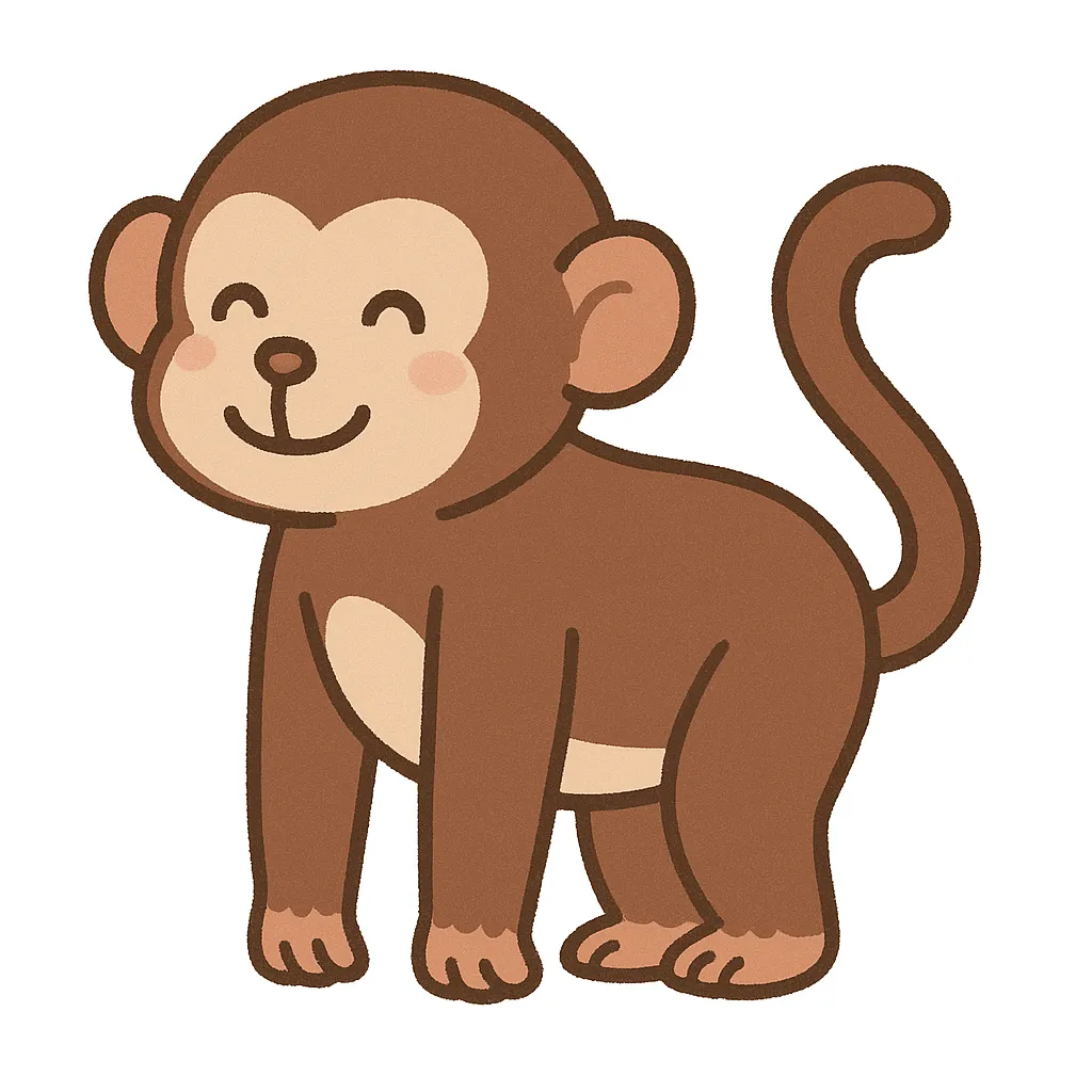 保育かわいい全身の猿｜細めの体と長いしっぽが特徴の猿の全身イラストです。明るい茶色の配色とにっこりした表情で、保育現場でもなじみやすいビジュアルに。横向きの自然な立ち姿と白背景で構成されています。