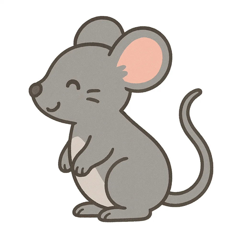 保育かわいい全身のネズミ｜小さな体と大きめの耳が可愛いネズミの全身イラストです。グレーを基調とした清潔感ある配色と丸い表情で、保育向けにぴったりのかわいさ。横向き立ちポーズと白背景ですっきりと仕上げています。
