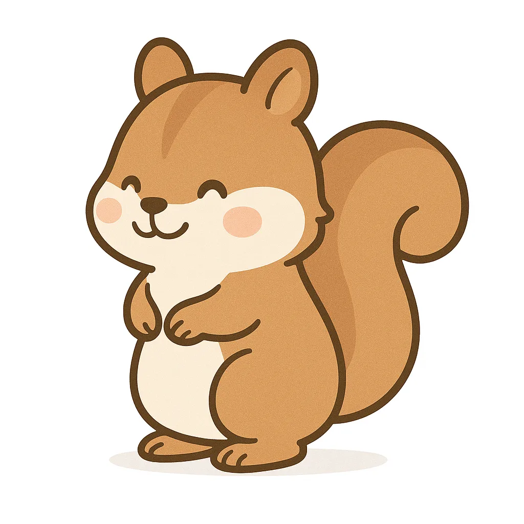 保育かわいい全身のリス｜大きなふわふわのしっぽが目を引くリスの全身イラストです。明るい茶色の毛並みとにっこり顔が親しみやすく、保育教材にも最適。横向き立ちポーズと白背景でまとまりのあるビジュアルです。