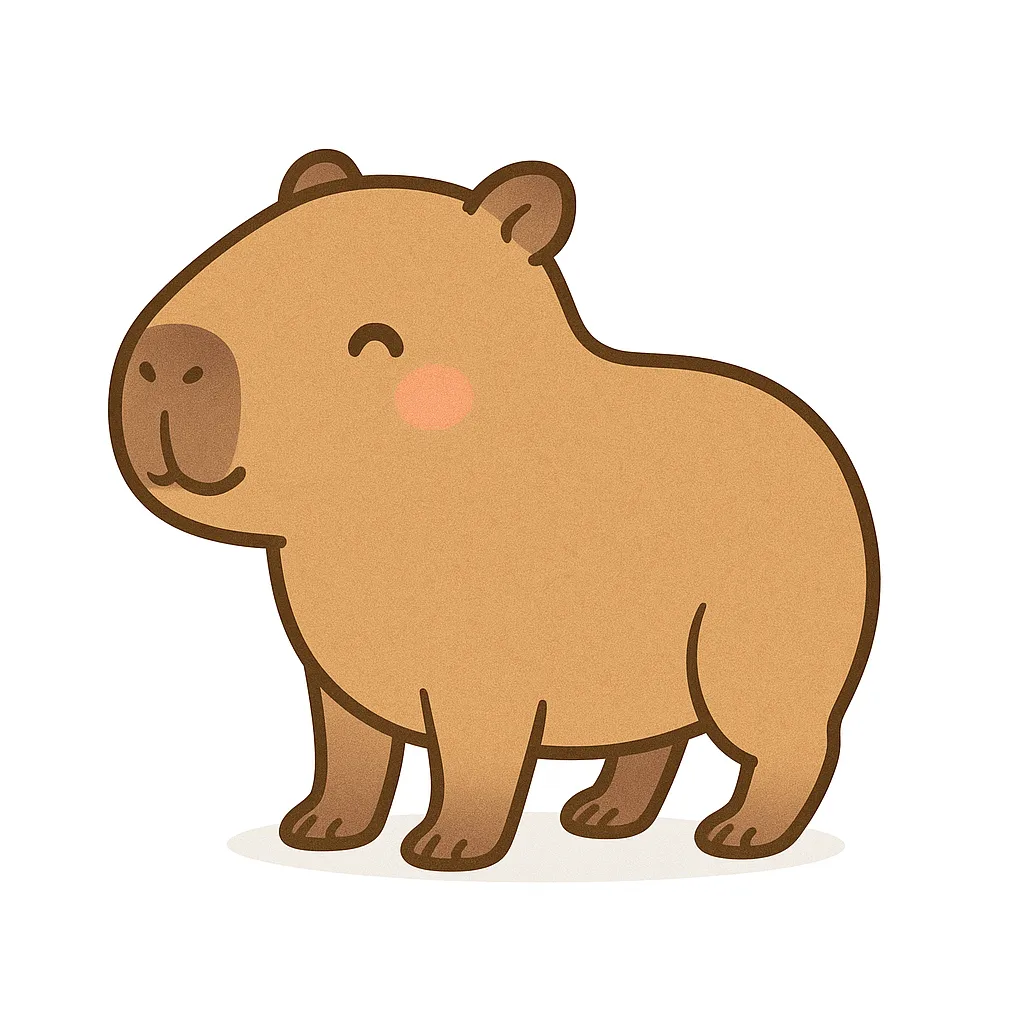 保育かわいい全身のカピバラ｜のんびりとした雰囲気と大きな体が特徴のカピバラの全身イラストです。やさしいベージュ系の色合いとふっくらとした輪郭で保育向けにアレンジ。横向きの立ち姿と白背景で清潔感のある仕上がりです。