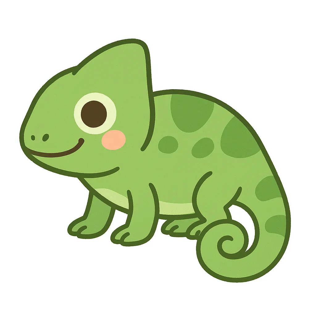 保育かわいい全身のカメレオン｜くるんと巻いたしっぽと大きな目が特徴のカメレオンの全身イラストです。にっこり顔とグリーンベースのやさしい色合いで、保育向けに可愛くデフォルメ。横向き立ちポーズと白背景で構成しています。
