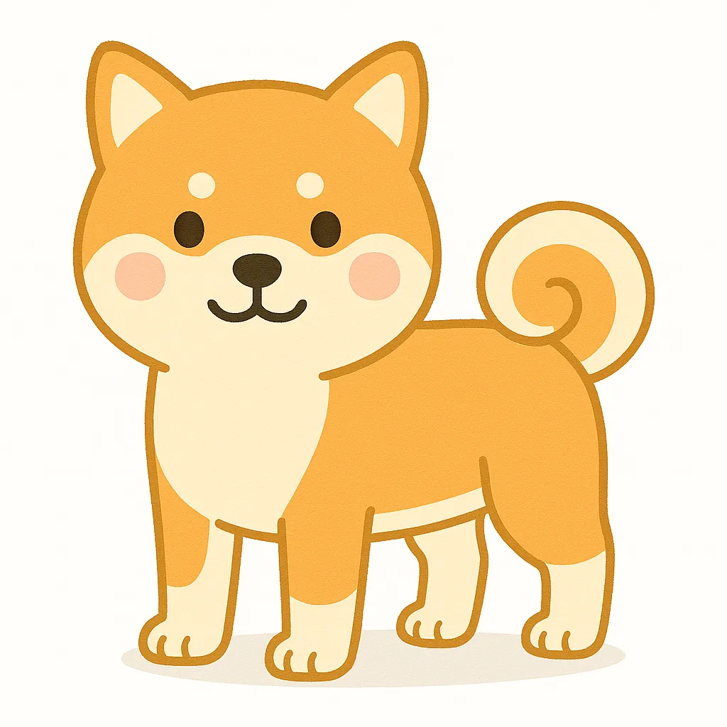 保育かわいい全身の秋田犬｜立ち耳とがっしりした体格、ふんわり巻いた尾が印象的な秋田犬。日本犬らしい堂々とした佇まいを保育向けに可愛らしくアレンジ。白背景と自然な光で優しい雰囲気を演出しています。