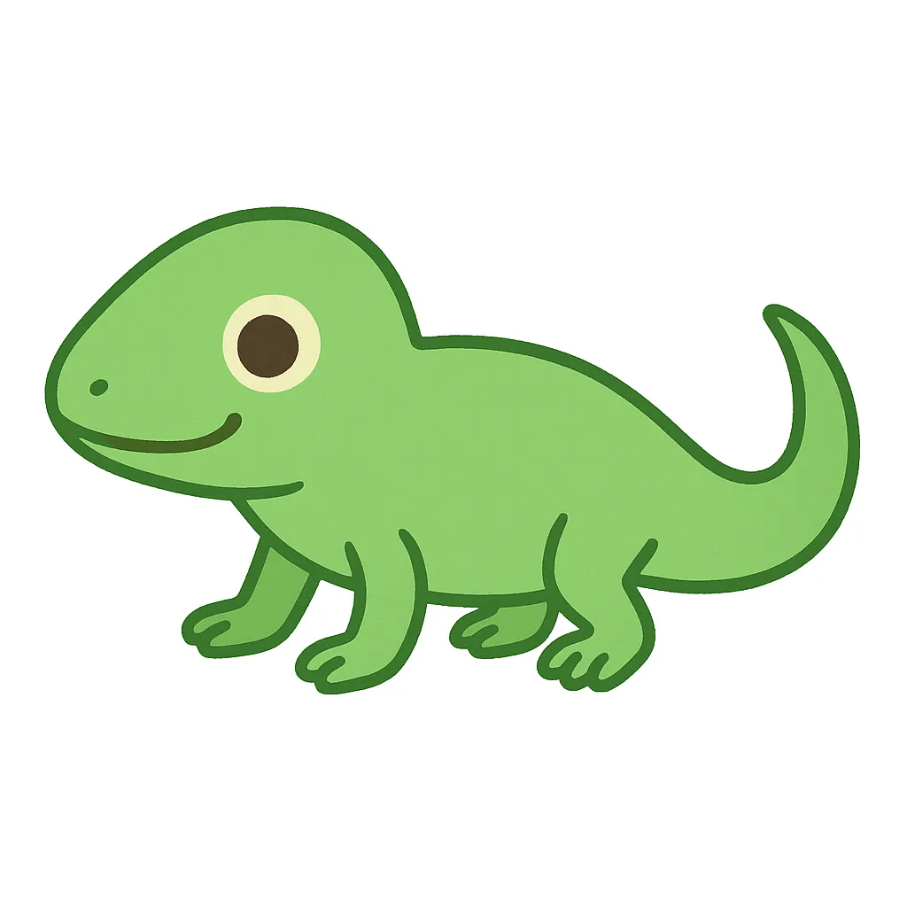 保育かわいい全身のトカゲ｜細長い体と小さな手足が特徴のトカゲの全身イラストです。明るいグリーン系の色味とにっこり顔で保育教材にも親しみやすいデザインに。横向き立ち姿と完全な白背景で清潔感のある仕上がりです。