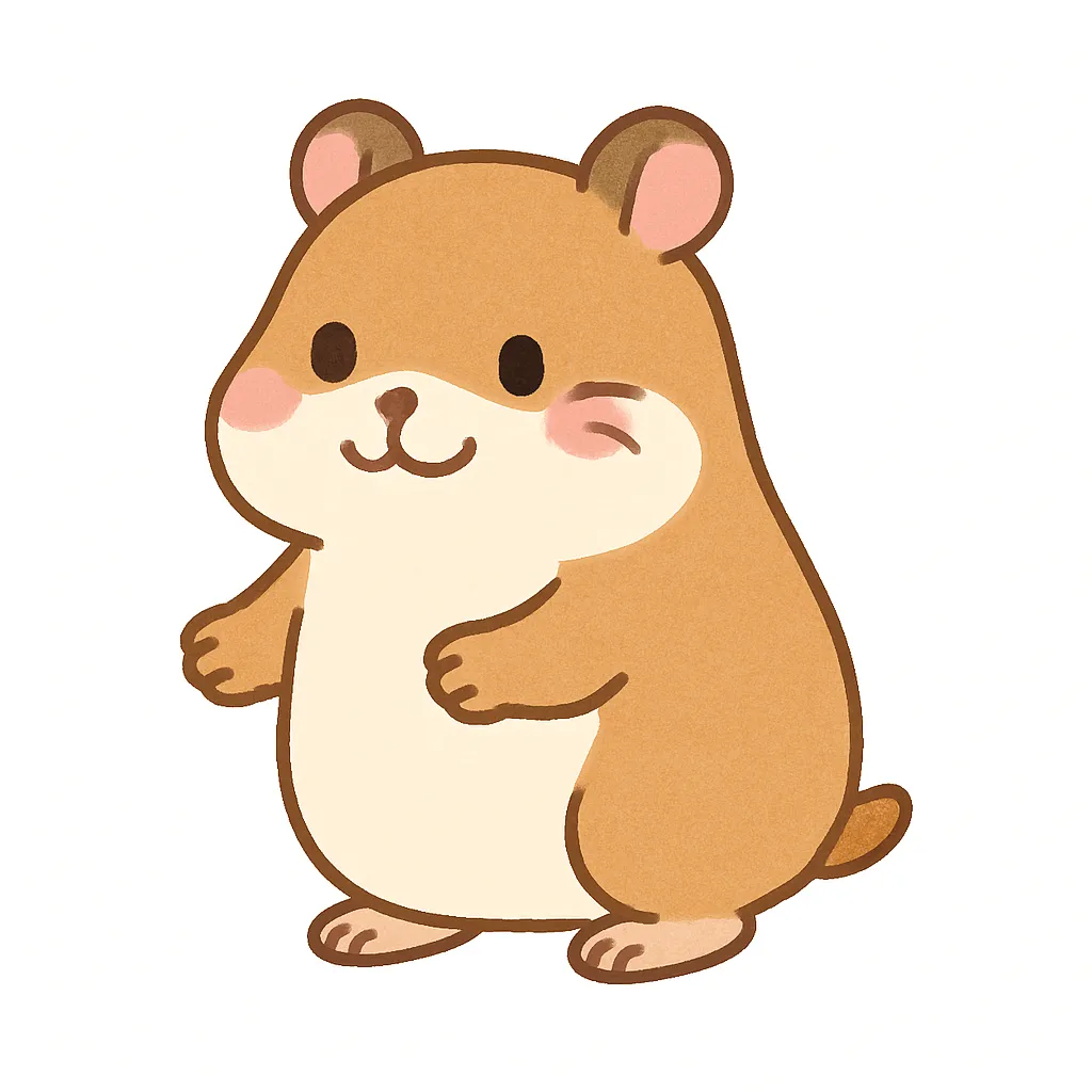 保育かわいい全身のハムスター｜小さな体と丸いフォルムが特徴のハムスターの全身イラストです。ほっぺたのふくらみとにっこり顔で保育向けにぴったりのかわいさ。横向きの立ち姿と白背景で清潔感のある構成に仕上げています。