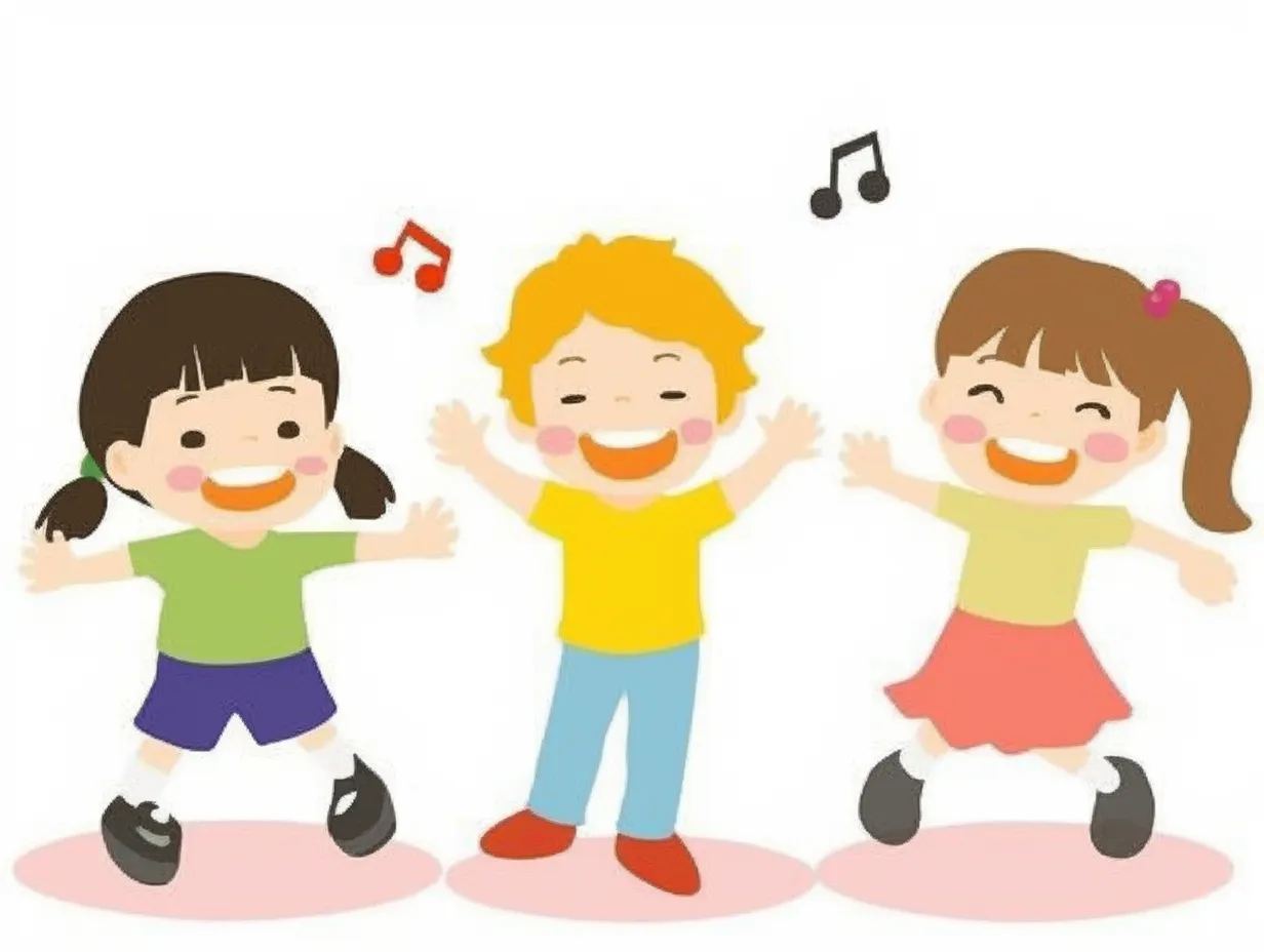 3人の子どもが楽しくダンス｜カラフルな衣装を着た子どもたちが手を広げて踊るポーズ。ポップな配色とリズミカルな構成で、ダンスのリズム感と子どもの活気を感じさせる。