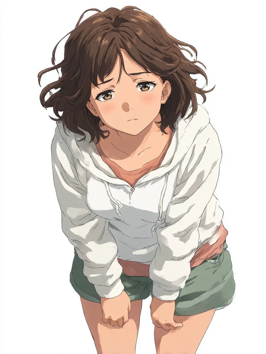 対照のまなざし女子｜ゆるいパーカー姿の少女が少し切なげな視線を向ける構図。柔らかな線と光が繊細な表情を際立たせ、控えめながらも内面の感情がにじむ。対になる感情のゆらぎが印象的な雰囲気。