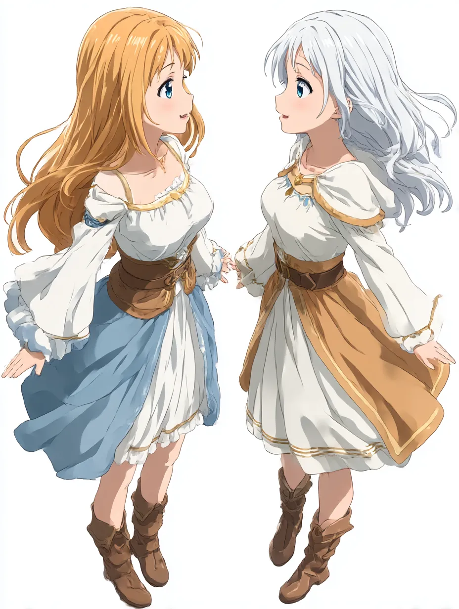 異世界風姉妹の対の旅立ち｜ファンタジー調の衣装をまとい、見つめ合う二人の少女。ドレスの配色や装飾に微妙な違いがあり、穏やかさと芯の強さの対照を感じさせる。絵本のような物語性を含んだ構成。