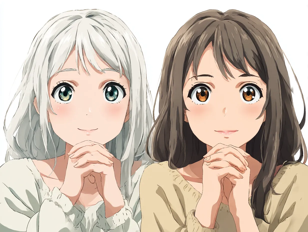 祈る少女たちの対の願い｜手を組んで正面を見つめる少女二人。髪色や瞳の色が対照的で、並んだポーズのシンクロ感が印象的。やさしい光と柔らかな筆致が、対になる心の通い合いをやわらかく描き出している。