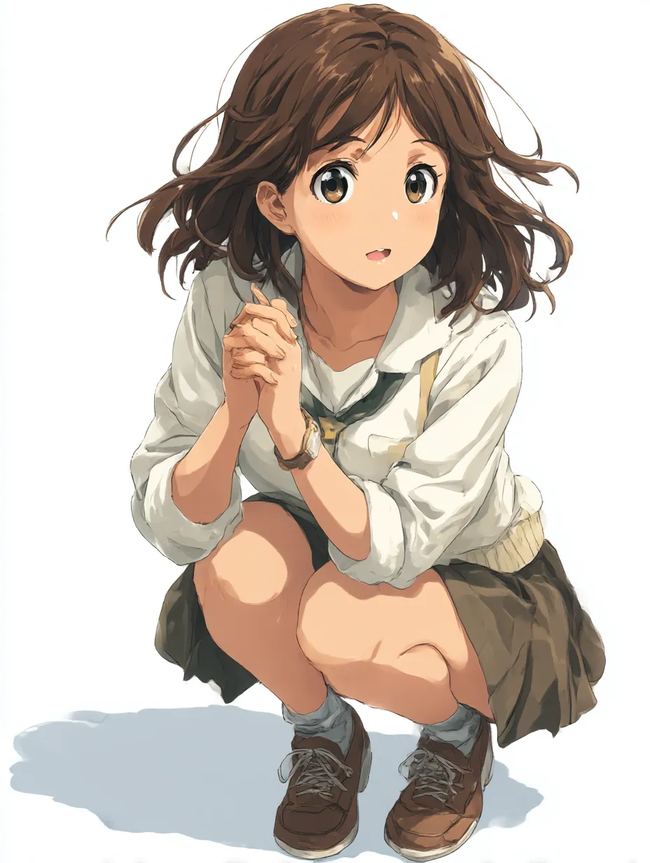 しゃがみ見上げる女子の対感覚｜制服姿の少女がしゃがみながら見上げる構図。軽やかなスカートと表情が柔らかく、地面との距離感が新鮮。視線の高さに対する独特の対比が、可愛さと親近感を引き出している。