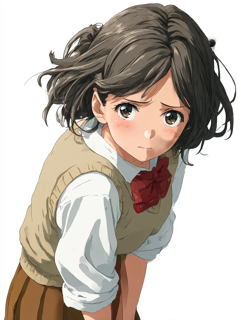 困り顔女子の対する気持ち｜前かがみになってこちらを見つめる少女の不安げな表情が印象的。シワのある制服や風になびく髪が動きを与え、見る側と向き合うような対の感情表現が強調されている。