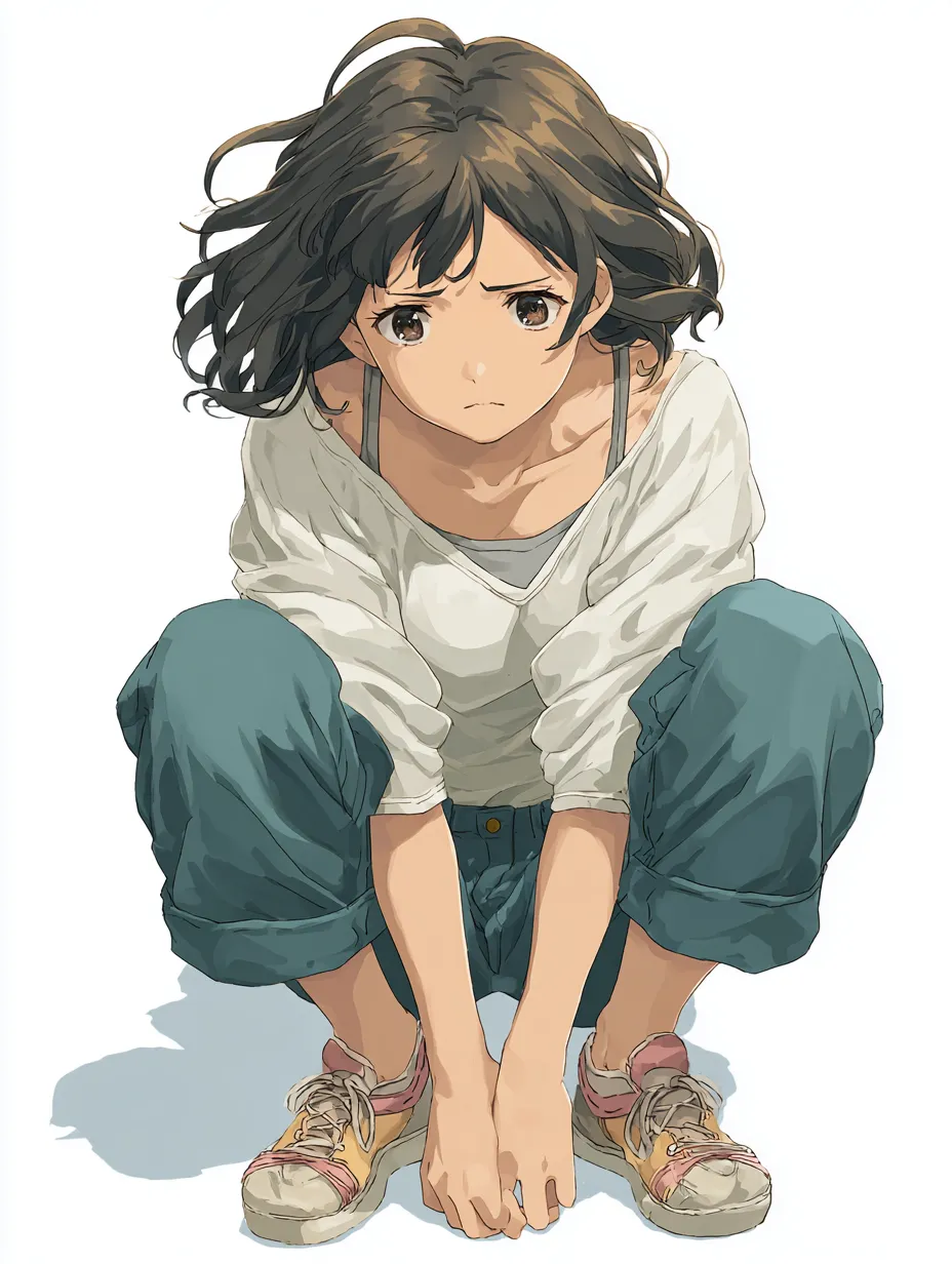 真剣な眼差しの対構図女子｜両手をつきしゃがむ少女がまっすぐ前を見つめる構図。広がる髪と鋭い視線に集中力が漂い、身体の丸みと内に向く姿勢が対比を生む。素朴な服装が感情の濃さを際立たせている。