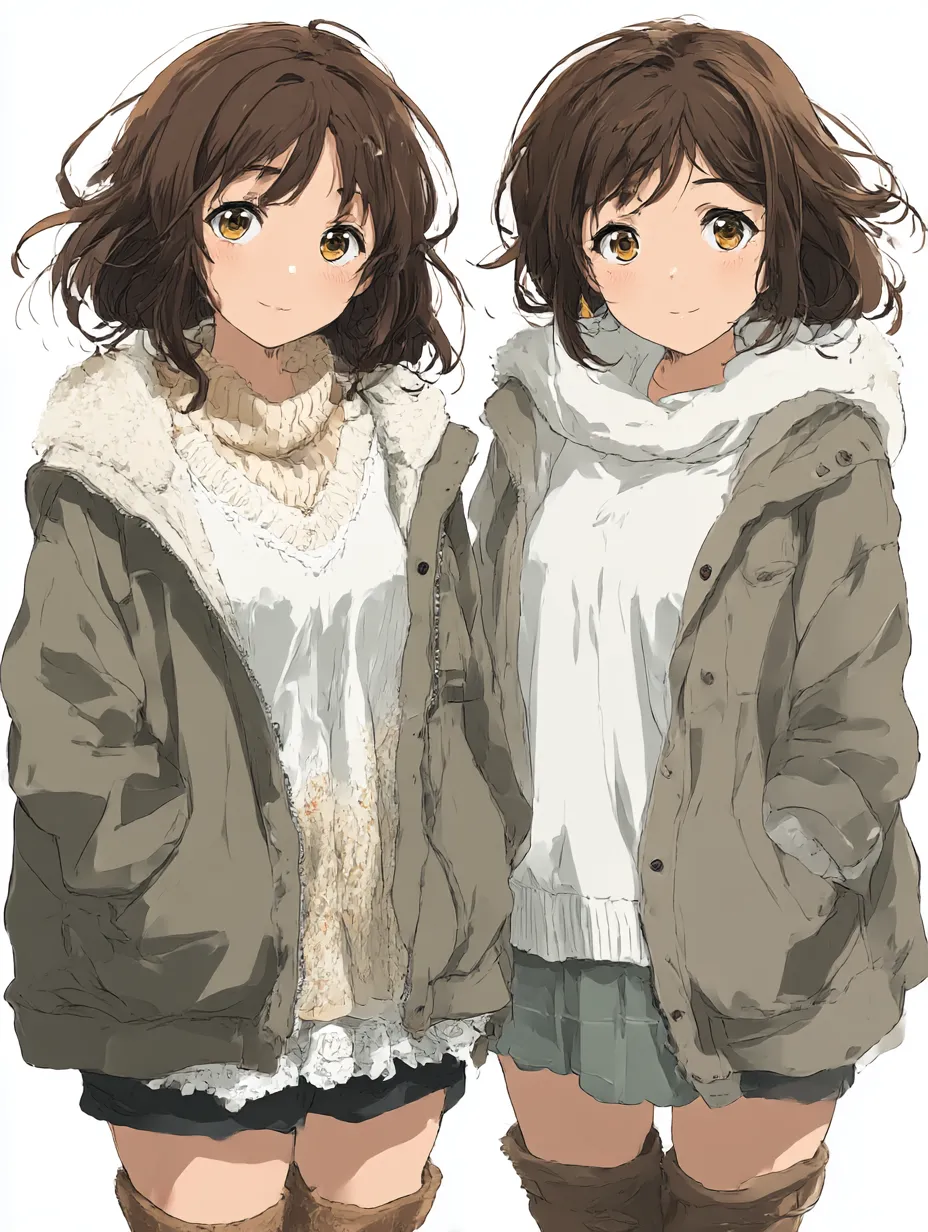カジュアル姉妹の対比スタイル｜ふわっとした冬アウターと丸い目が愛らしい姉妹風のふたり。色味や髪型のバランスに違いがあり、同じ中にも個性が光る。控えめな服装でも対になる可愛さが伝わる構成。