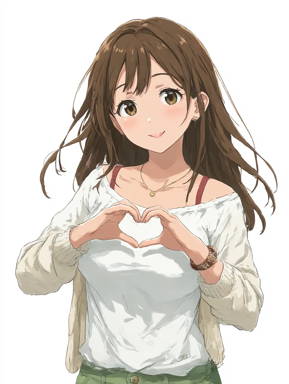 笑顔女子の対なるハートポーズ｜爽やかな笑顔の女性が両手でハートを作るポーズ。カジュアルな服装と明るい表情が親しみやすく、見る者との対の関係を優しく結びつけるような温かさを感じる構図。