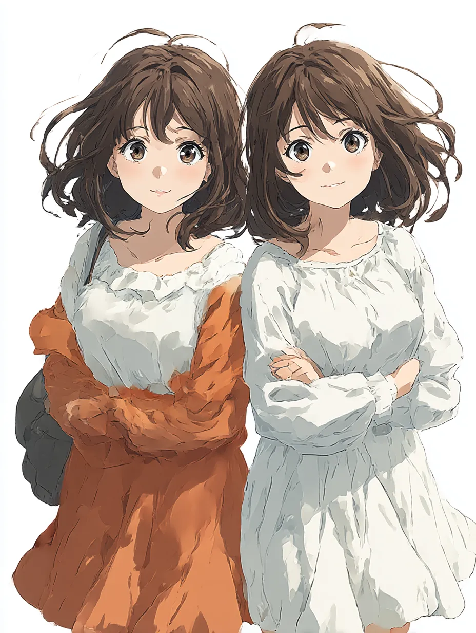 風と笑顔の対人感｜ふんわりしたワンピースに包まれた二人の少女が並んで微笑む構図。揺れる髪と明るい表情が爽やかで、似た雰囲気ながら対照的な色合いや姿勢が親しみを演出している。