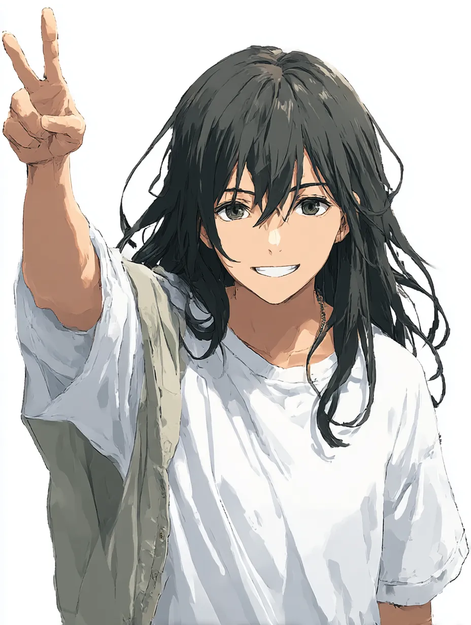 強気スマイルと対の鋭さ｜白Tシャツ姿の少女が、腕を突き出しながら鋭く笑ってピース。ラフな格好と迫る構図の対によって、力強くポジティブなエネルギーが画面に広がる。