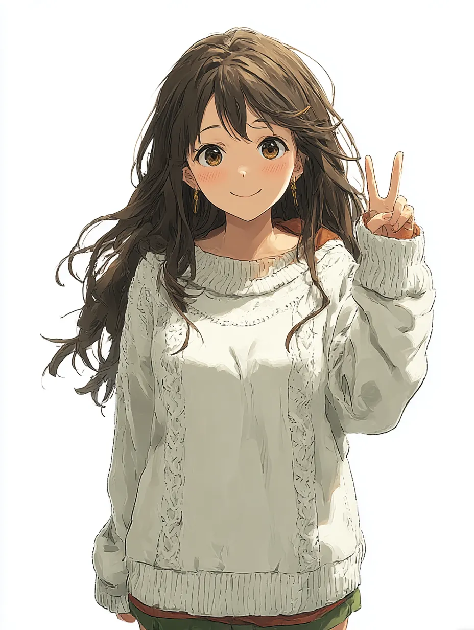 穏やかな笑みと対のピースポーズ｜ふわりと広がる髪と優しい表情の少女が、控えめなピースを見せる。厚手のセーターと落ち着いた色味が対比的で、静かで温かな雰囲気を生んでいる。