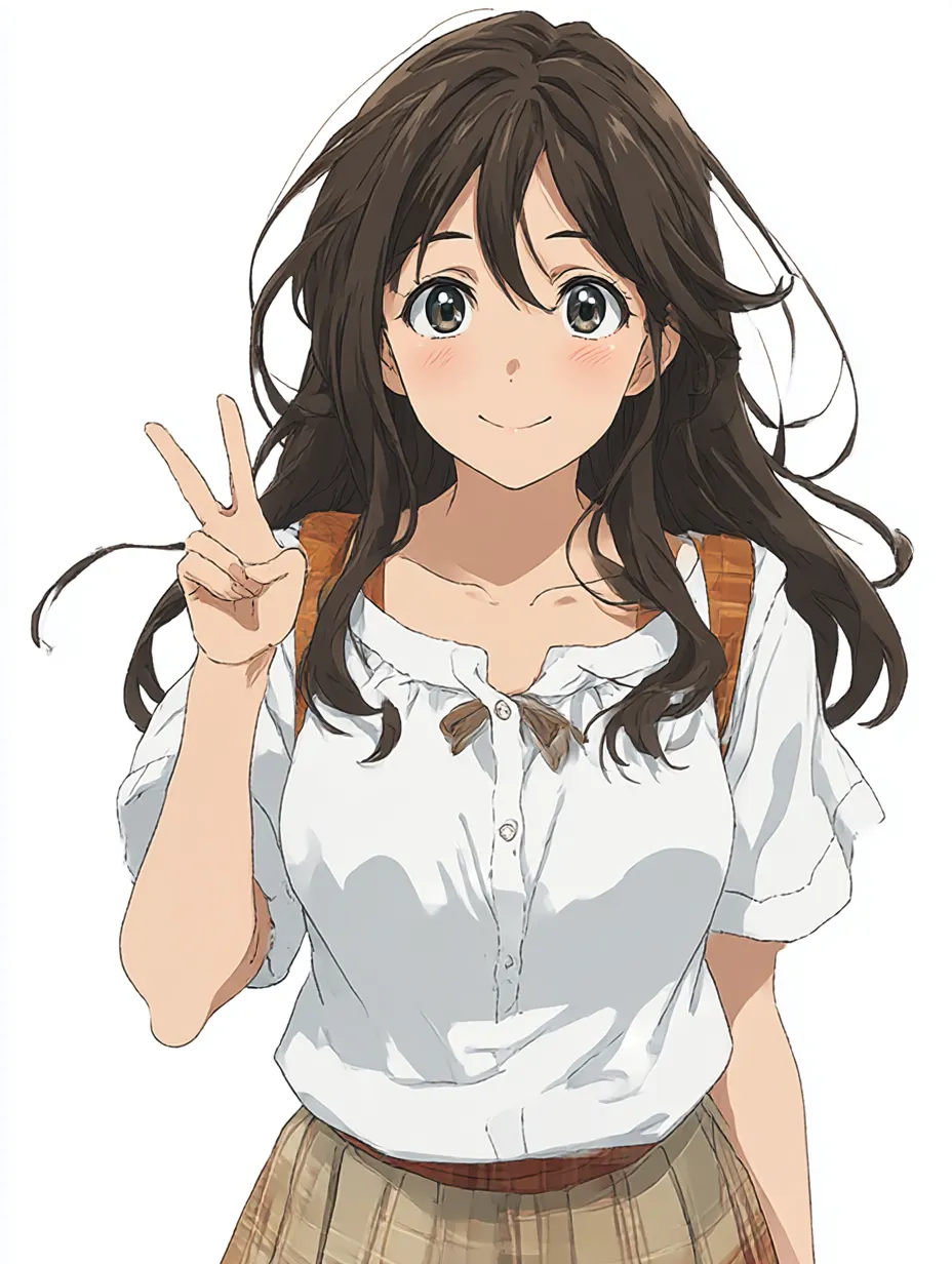 爽やか女子高生のピースポーズ｜風になびく髪と白い制服が印象的な、笑顔の女子高生が手を軽く上げたピースポーズ。柔らかな線と明るい配色が清潔感と青春らしさを引き立てます。「ピースポーズ」によって親しみやすさも演出。