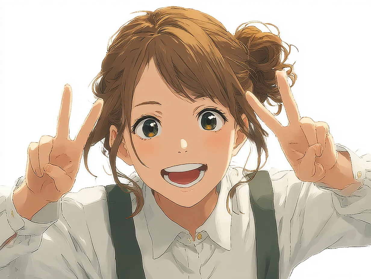 元気満点ツインお団子ピースポーズ｜明るい表情と大胆なツインお団子ヘアが特徴の女の子が、両手で元気にピースポーズ。光沢感のある目元と、軽やかな色彩がポジティブなエネルギーを放ちます。ピースポーズで画面全体が弾けるような印象に。