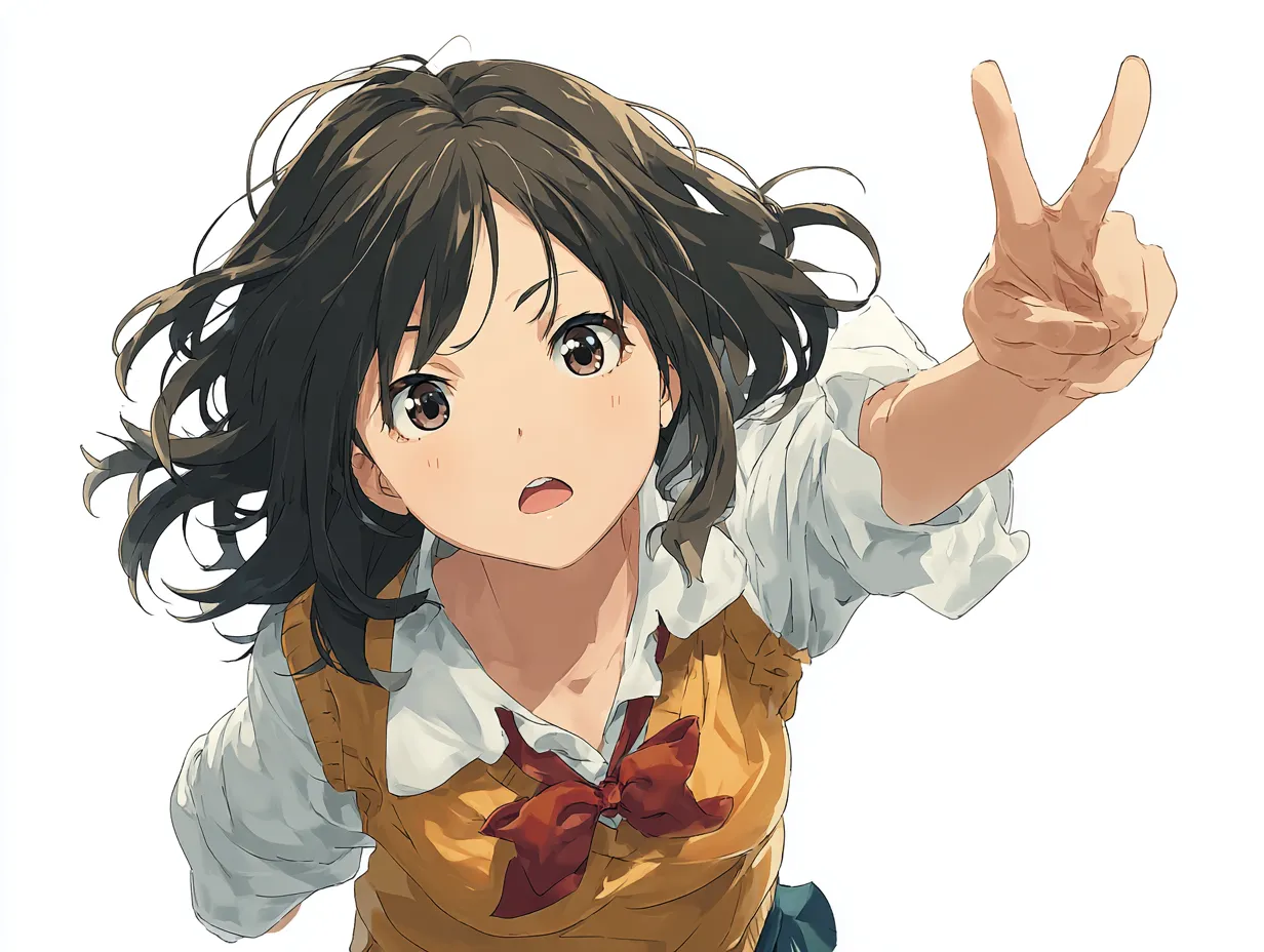 ジャンプする少女のピースポーズ｜空を背景にジャンプしながら勢いよく前に出したピースポーズが爽快な1枚。動きのある髪や服のディテールが躍動感を生み、画面に元気さと自由な雰囲気を加えています。ピースポーズが活力を象徴。