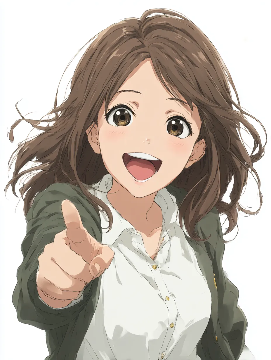 笑顔女子の手差しポーズ｜指をまっすぐ前に伸ばし、こちらを元気に指さす女子の姿が印象的。画面越しに呼びかけてくるような構図で、明るく親しみやすい雰囲気。「手を前に出すポーズ」の勢いが視線を引き寄せます。