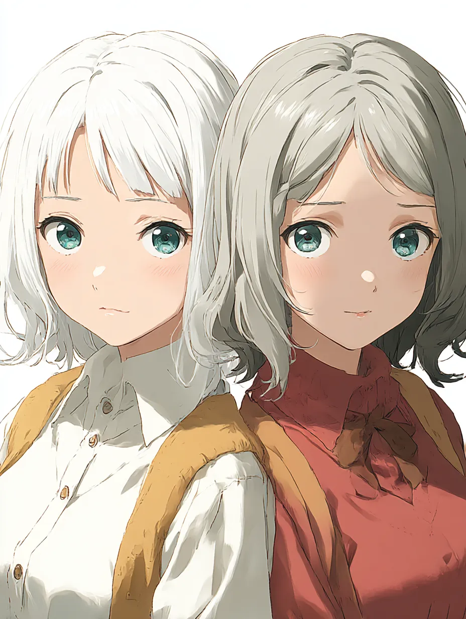 静と動の対なる視線｜白髪と灰髪の少女が並び、澄んだ瞳で静かに見つめるツーショット。落ち着いたトーンと対称構図が幻想的で、姉妹または親友のような距離感を優しく伝える。対の美しさが際立つ演出。